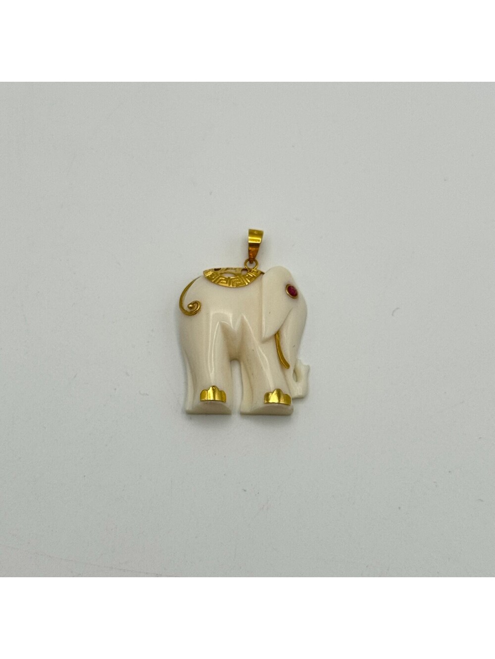 Curved Bone Elephant Pendant with 14K Gold and Ruby Accents